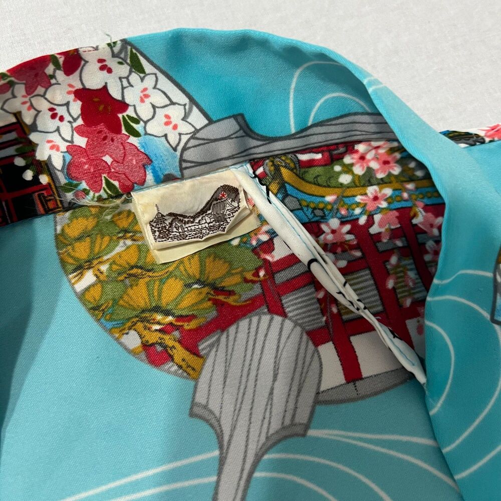 Vintage Japanese Style Kimono Robe Turquoise Fan Garden Print Belted One Size - Picture 10 of 12